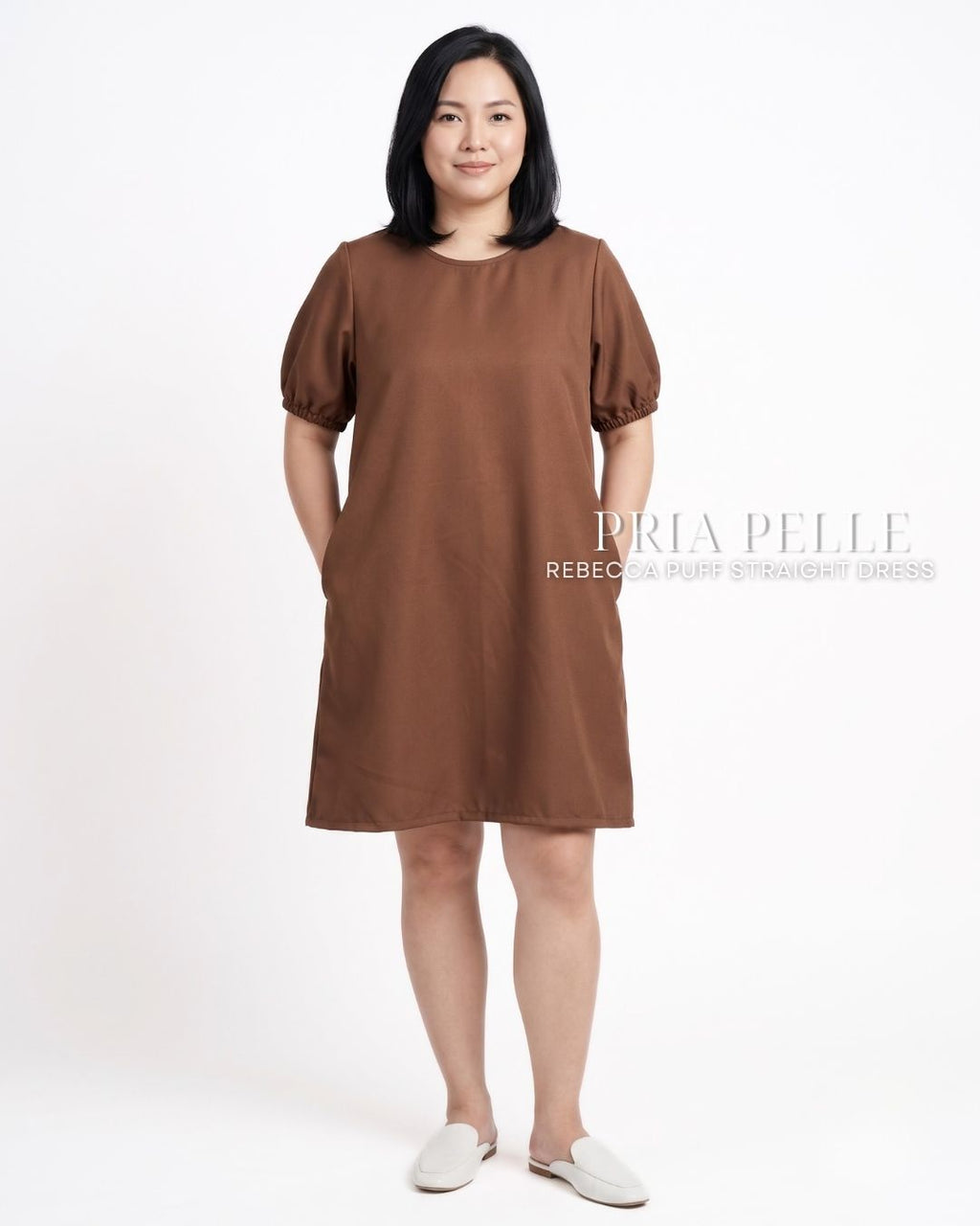 Pria Pelle Rebecca Puff Straight Dress | Soft Poly Cotton - Brown | Non Stretch