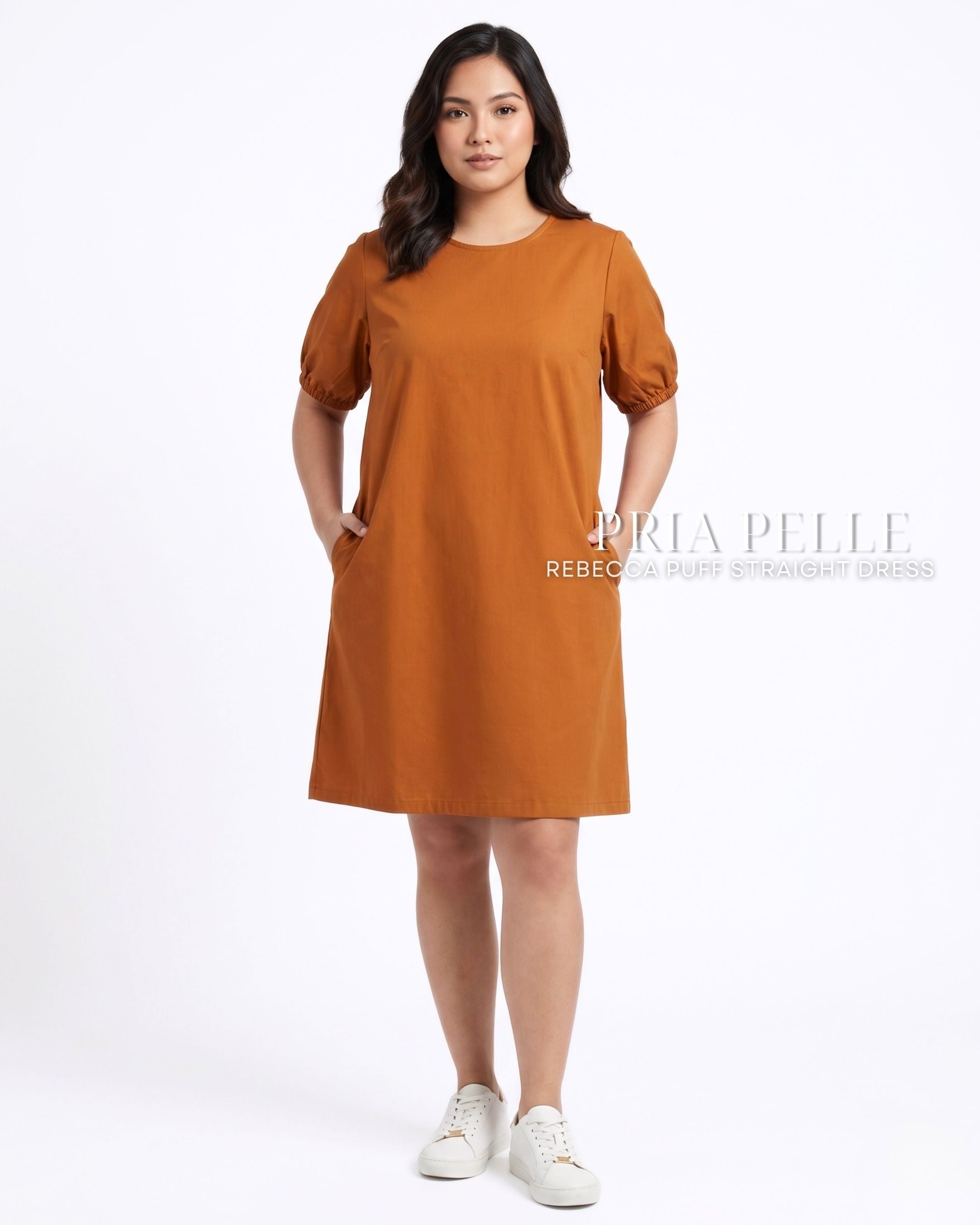 Pria Pelle Rebecca Puff Straight Dress | Cotton Blend Caramel Rust - Non Stretch