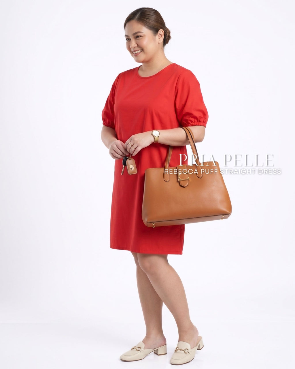 Pria Pelle Rebecca Puff Straight Dress | Cotton Blend Fire Brick Red - Non Stretch