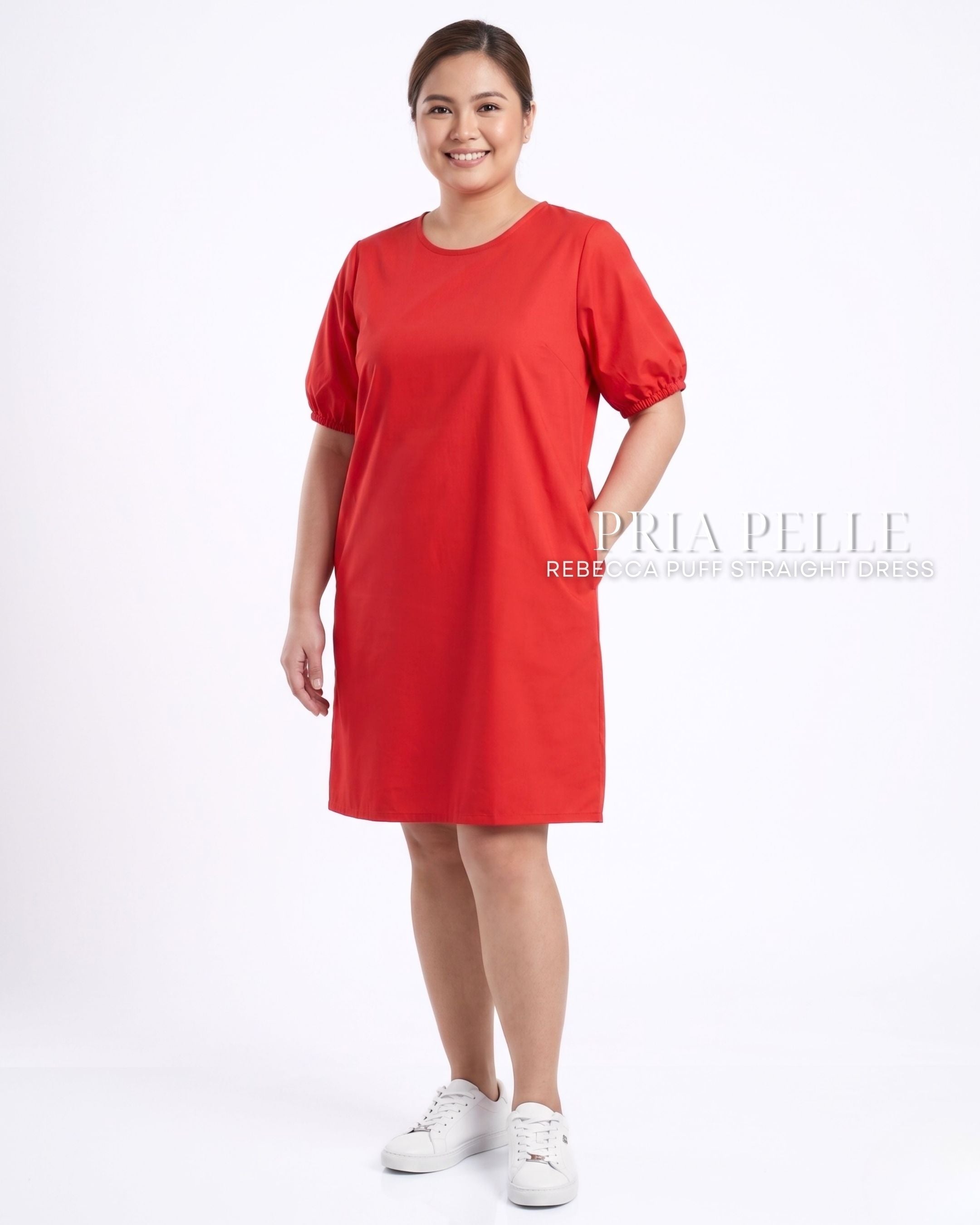 Pria Pelle Rebecca Puff Straight Dress | Cotton Blend Fire Brick Red - Non Stretch
