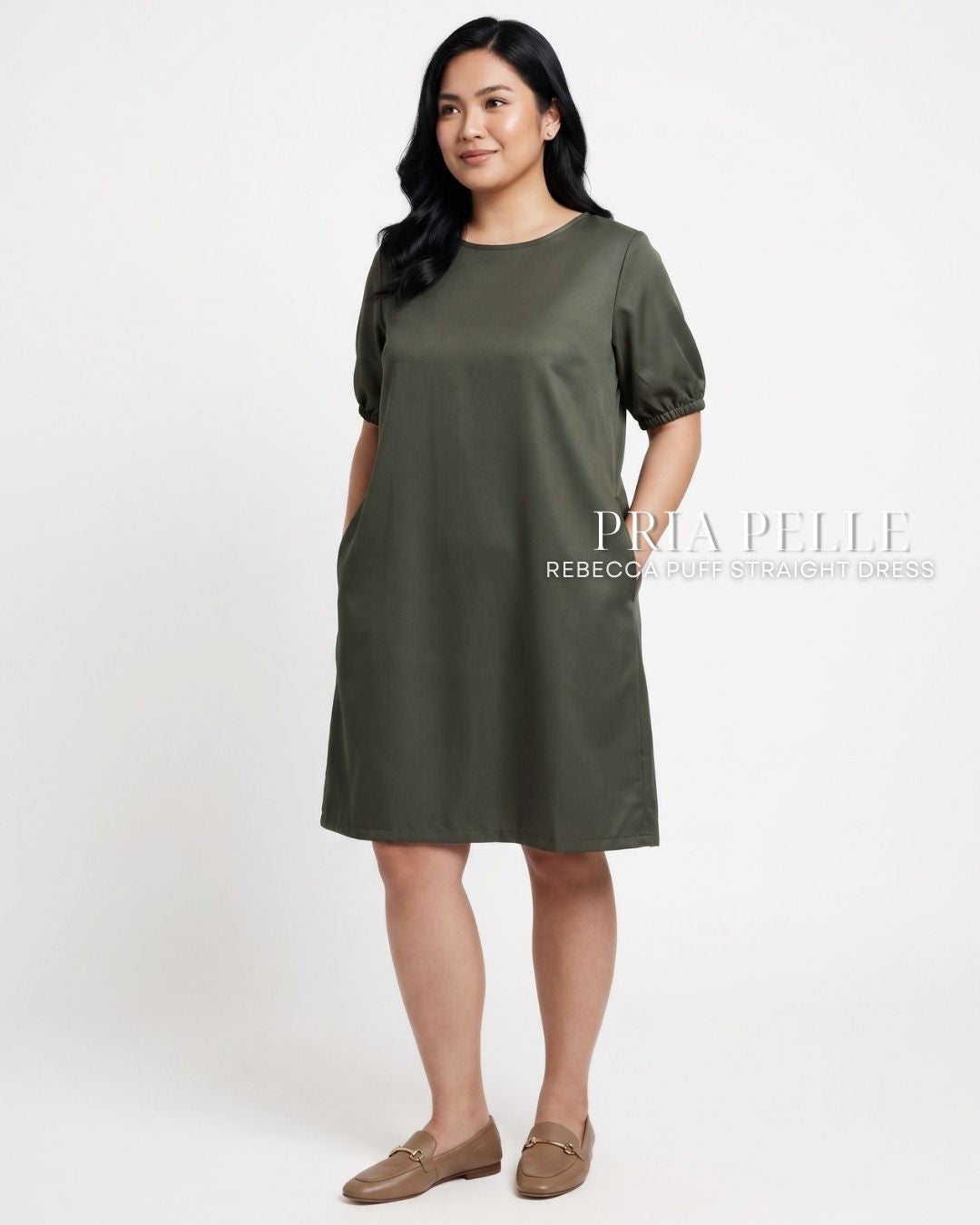 Pria Pelle Rebecca Puff Straight Dress | Structured Poly Cotton - Moss | Non Stretch