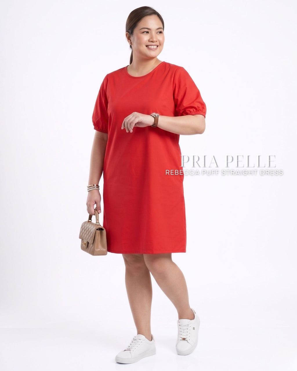 Pria Pelle Rebecca Puff Straight Dress | Cotton Blend Fire Brick Red - Non Stretch