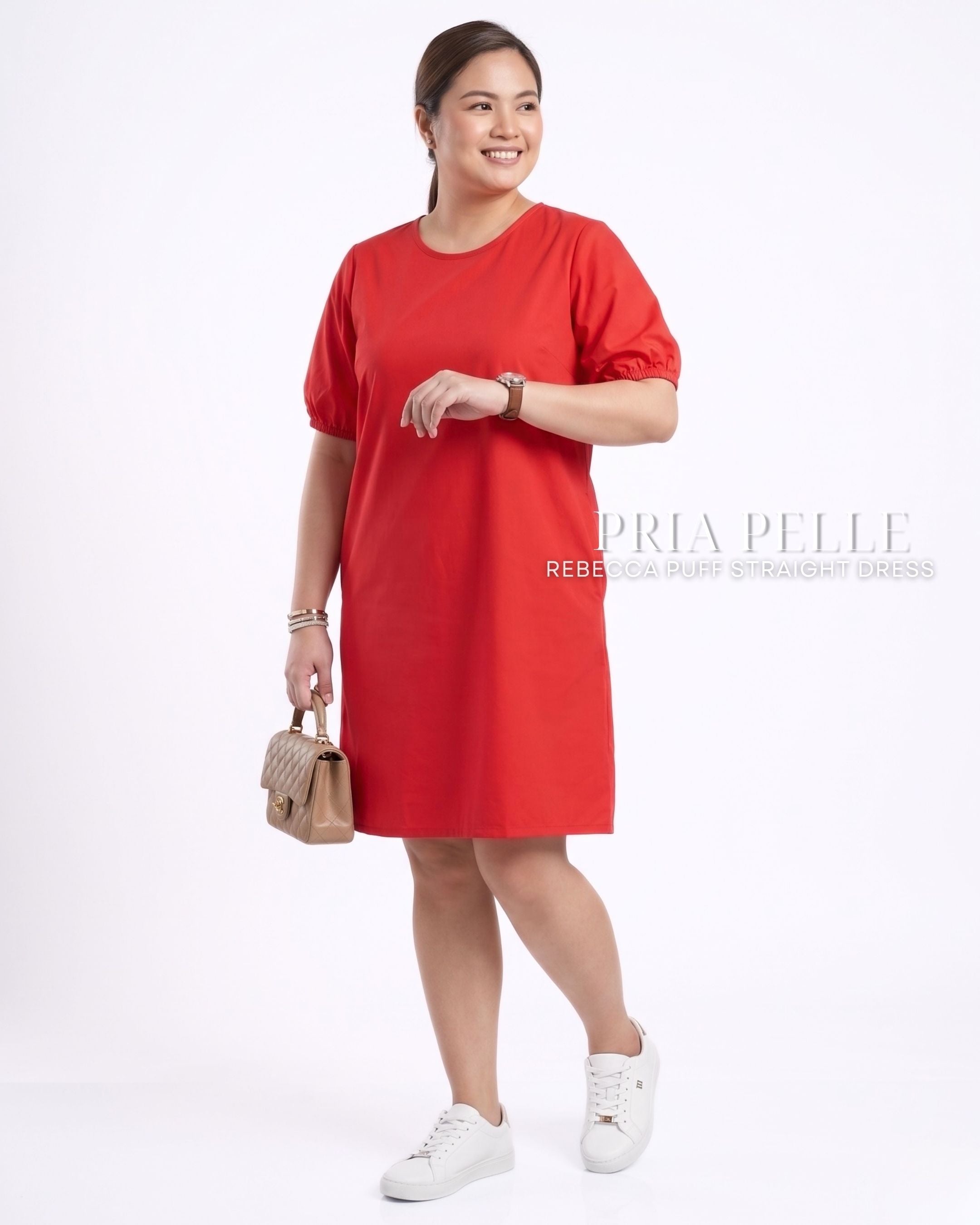 Pria Pelle Rebecca Puff Straight Dress | Cotton Blend Fire Brick Red - Non Stretch