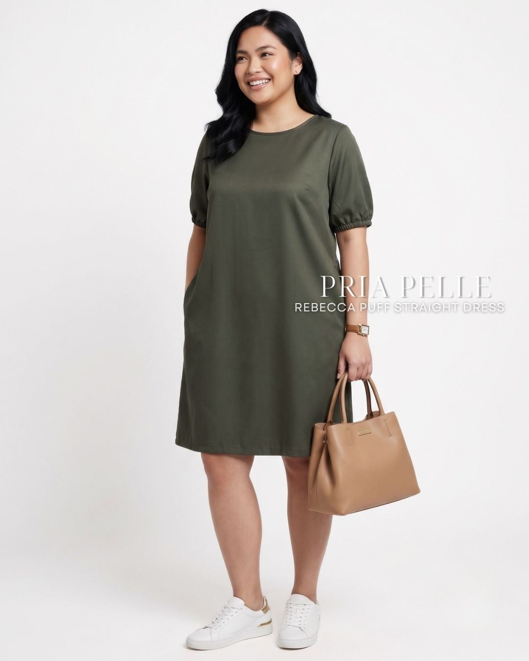 Pria Pelle Rebecca Puff Straight Dress | Structured Poly Cotton - Moss | Non Stretch