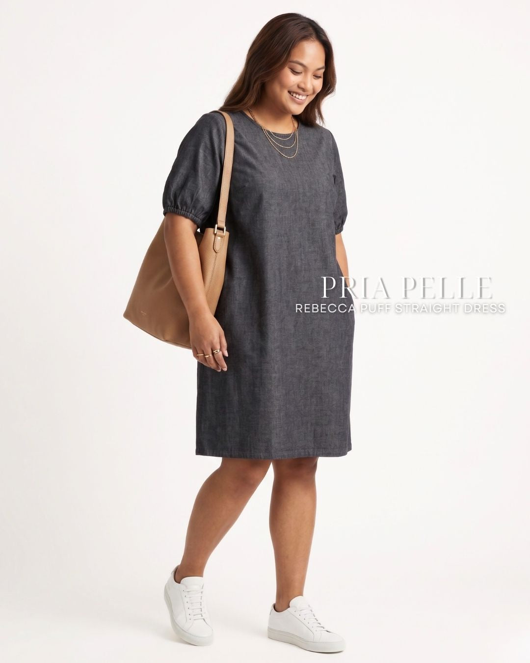 Pria Pelle Rebecca Puff Straight Dress | Denim Charcoal - Structured Non Stretch