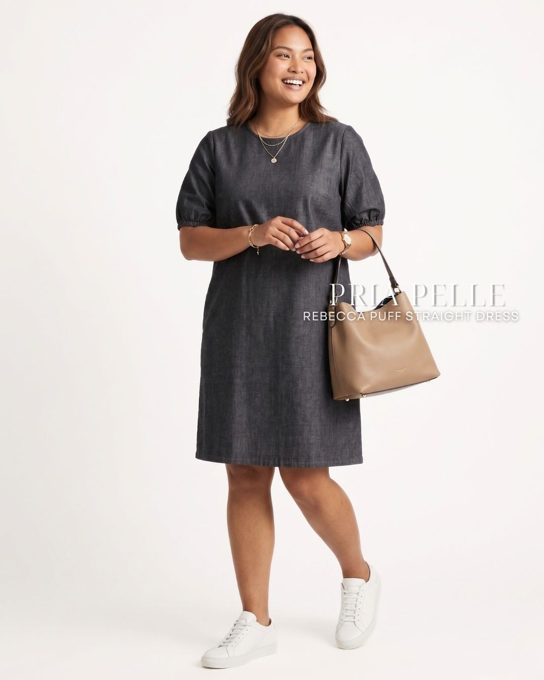 Pria Pelle Rebecca Puff Straight Dress | Denim Charcoal - Structured Non Stretch