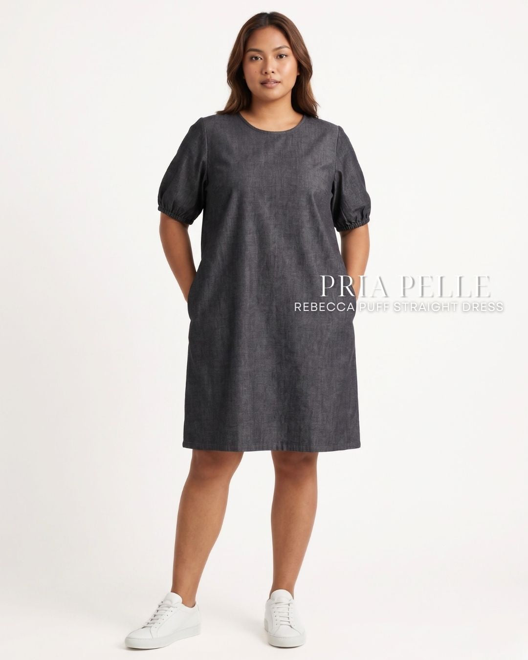 Pria Pelle Rebecca Puff Straight Dress | Denim Charcoal - Structured Non Stretch