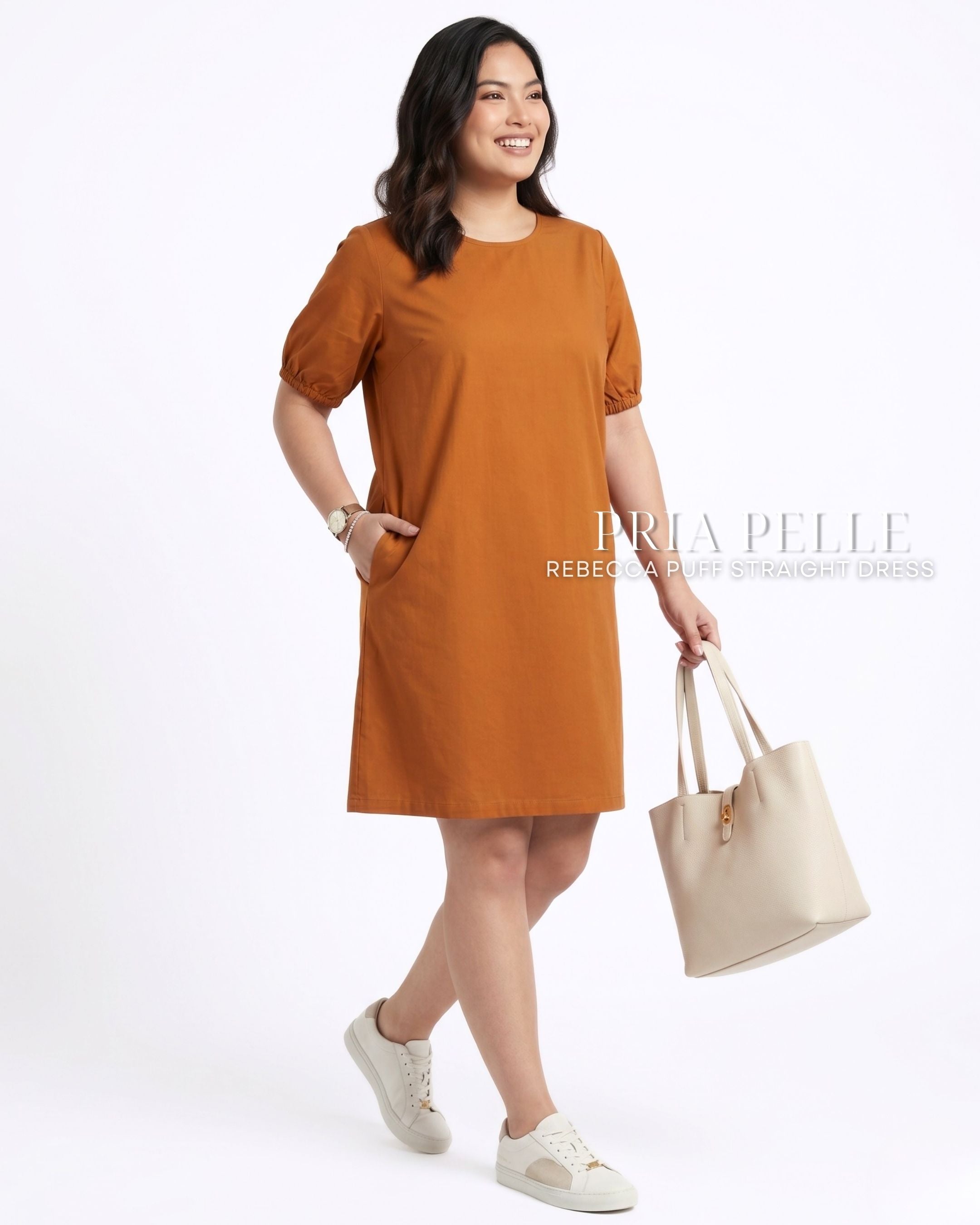 Pria Pelle Rebecca Puff Straight Dress | Cotton Blend Caramel Rust - Non Stretch