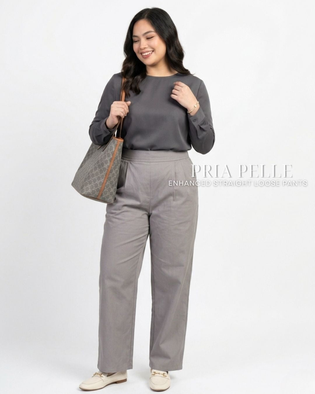 Pria Pelle Straight Loose Pleated Pants | Back Garter - Light Cotton Blend Gray | Non Stretch