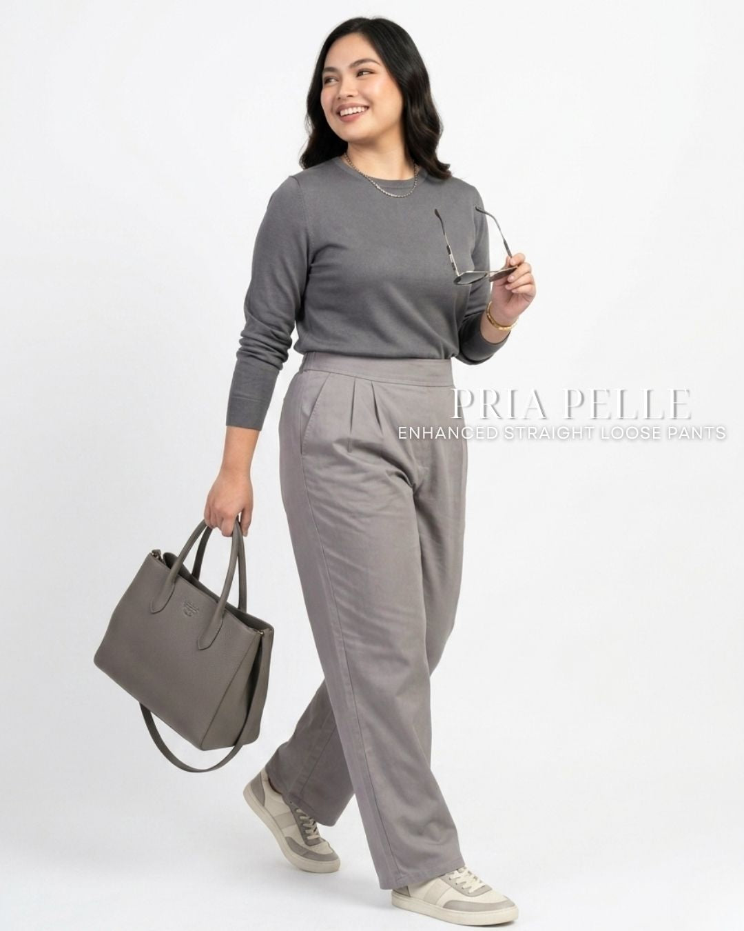 Pria Pelle Straight Loose Pleated Pants | Back Garter - Light Cotton Blend Gray | Non Stretch