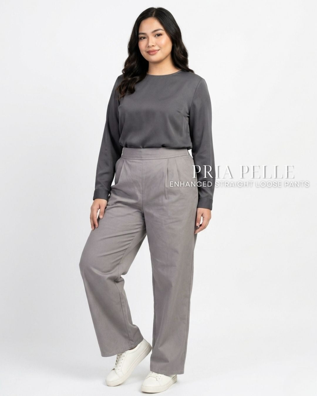Pria Pelle Straight Loose Pleated Pants | Back Garter - Light Cotton Blend Gray | Non Stretch