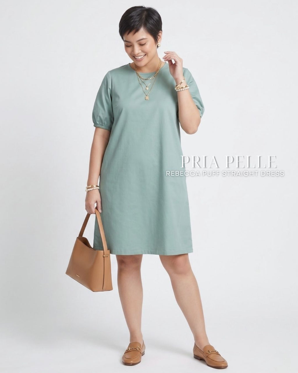 Pria Pelle Rebecca Puff Straight Dress | Cotton Blend Spring Green - Non Stretch