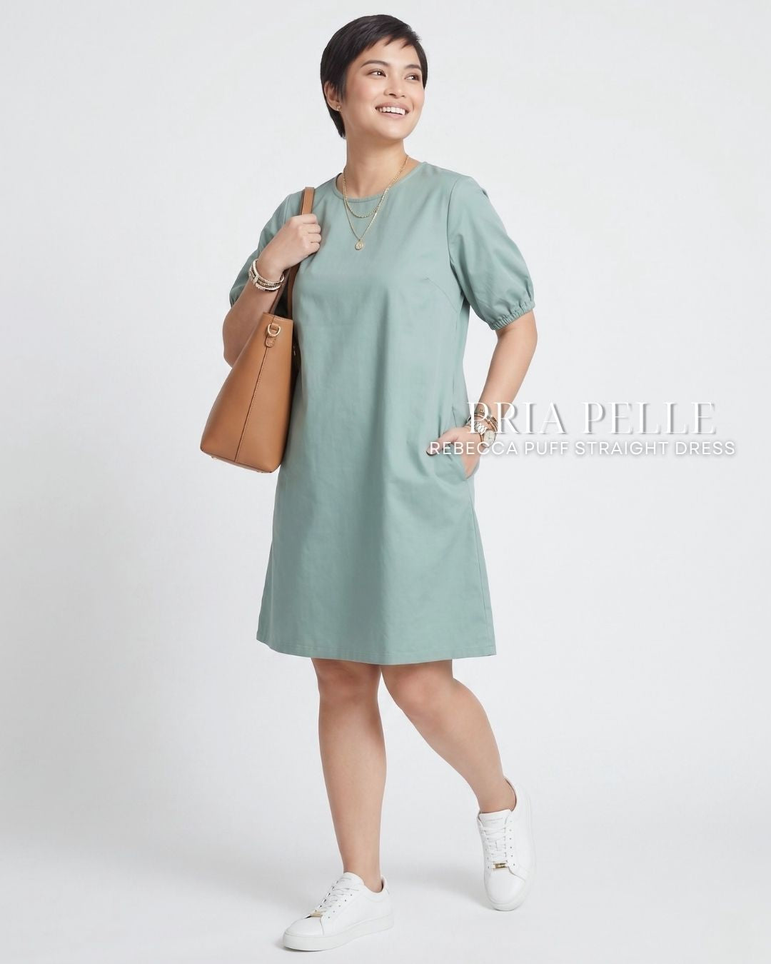Pria Pelle Rebecca Puff Straight Dress | Cotton Blend Spring Green - Non Stretch