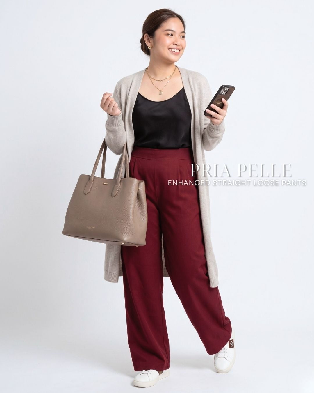 Pria Pelle Straight Loose Pleated Pants | Back Garter - Cotton Blend Wine Red with Stretch