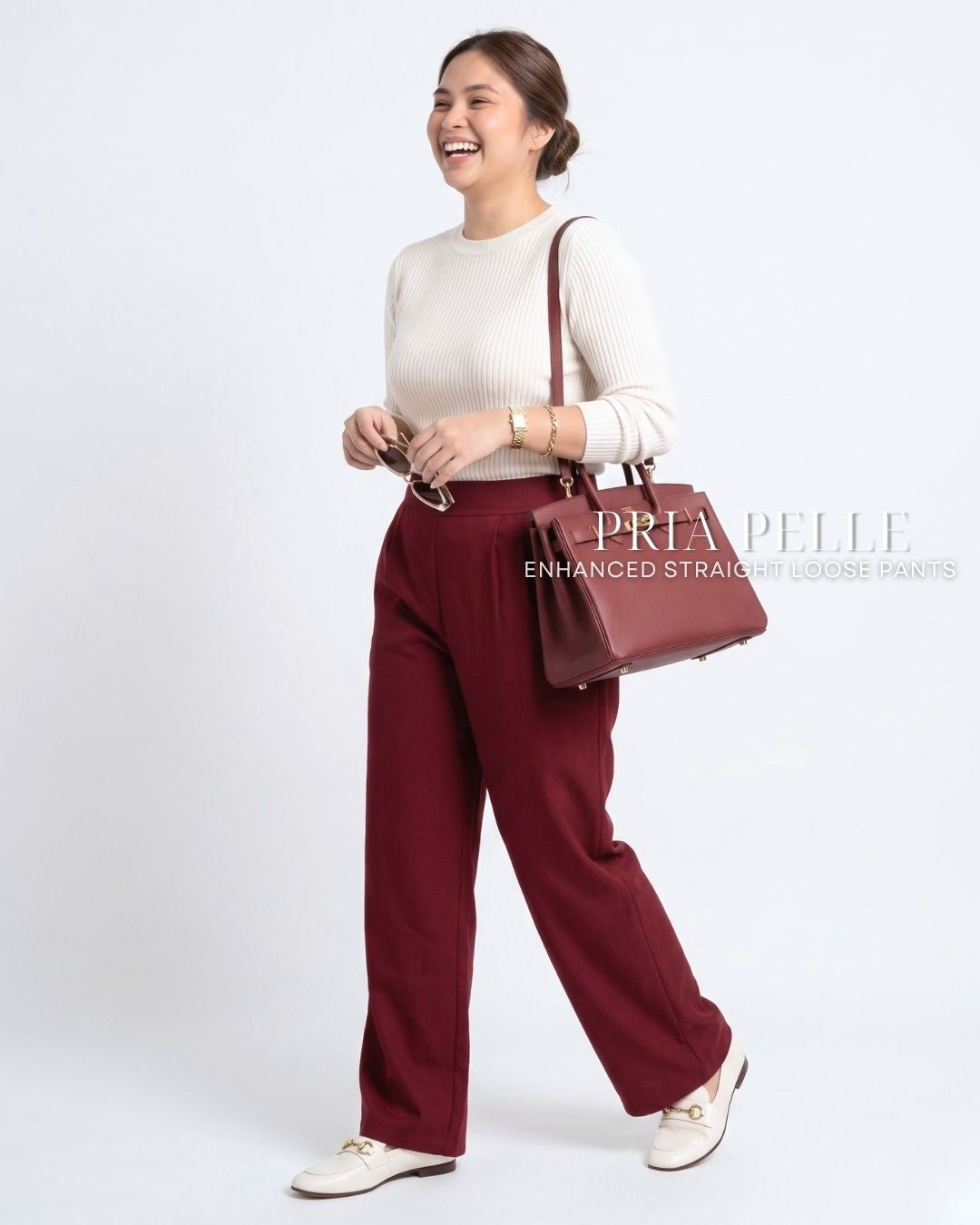 Pria Pelle Straight Loose Pleated Pants | Back Garter - Cotton Blend Wine Red with Stretch