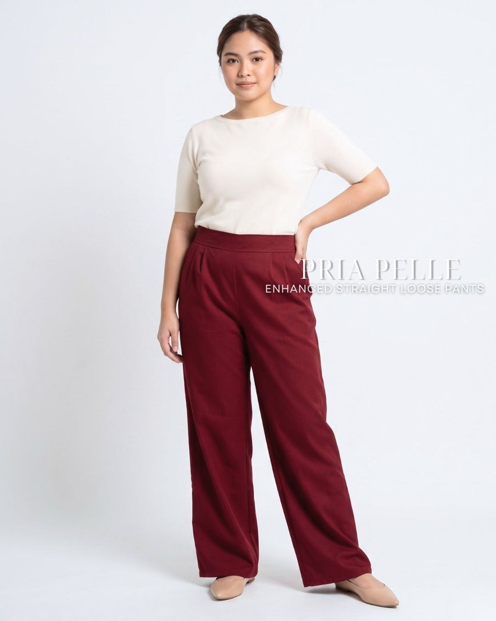 Pria Pelle Straight Loose Pleated Pants | Back Garter - Cotton Blend Wine Red with Stretch