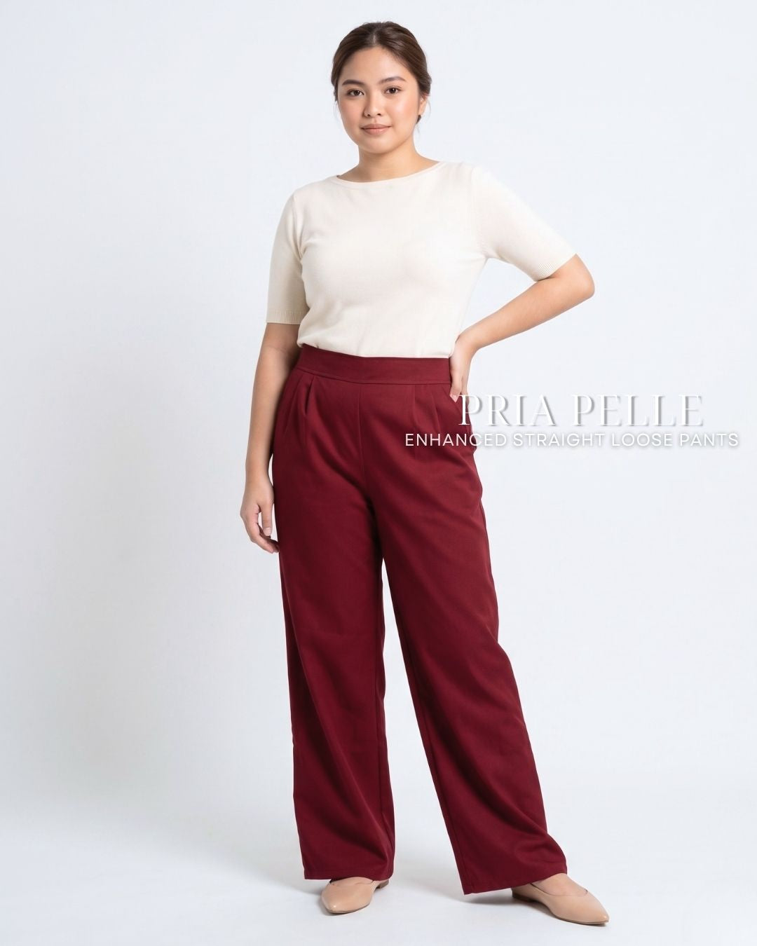 Pria Pelle Straight Loose Pleated Pants | Back Garter - Cotton Blend Wine Red with Stretch