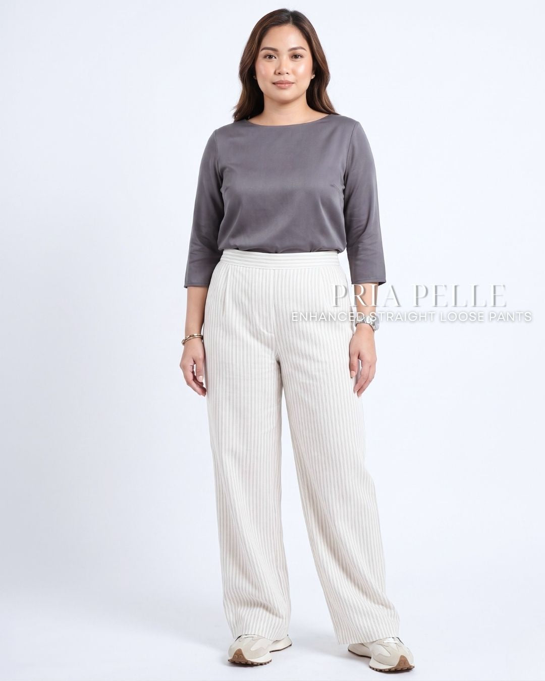 Pria Pelle Straight Loose Pleated Pants | Back Garter - Cotton Blend Off White Stripes with Stretch