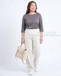 Pria Pelle Straight Loose Pleated Pants | Back Garter - Cotton Blend Off White Stripes with Stretch