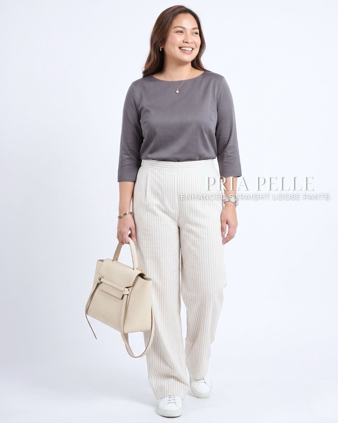 Pria Pelle Straight Loose Pleated Pants | Back Garter - Cotton Blend Off White Stripes with Stretch