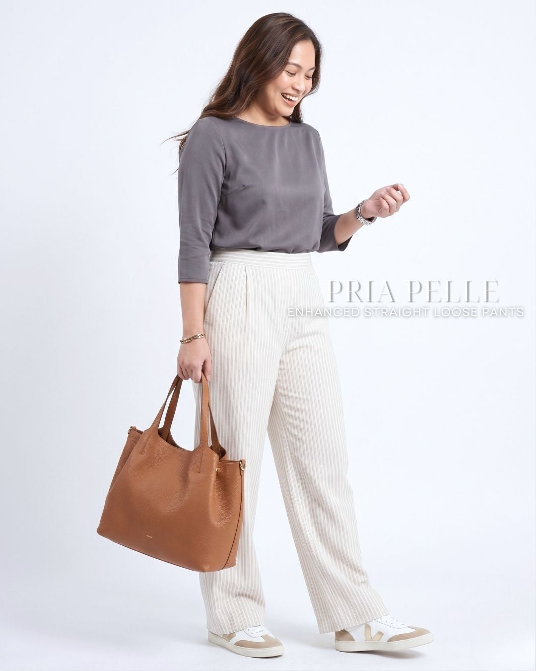 Pria Pelle Straight Loose Pleated Pants | Back Garter - Cotton Blend Off White Stripes with Stretch