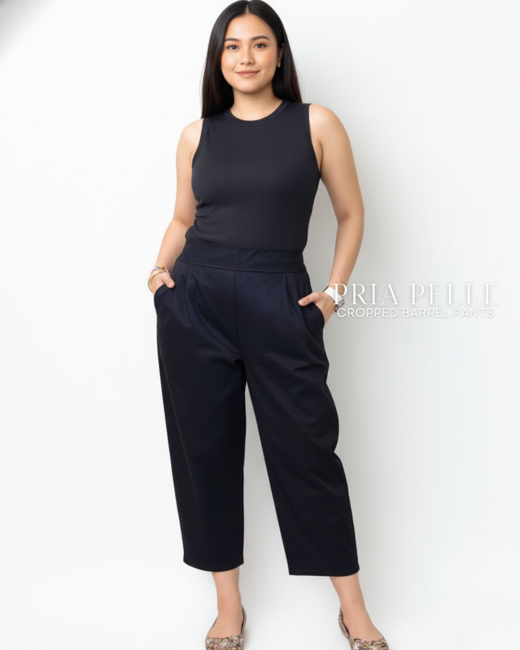 Pria Pelle Cropped Barrel Pants | Back Garter - Cotton Twill Black