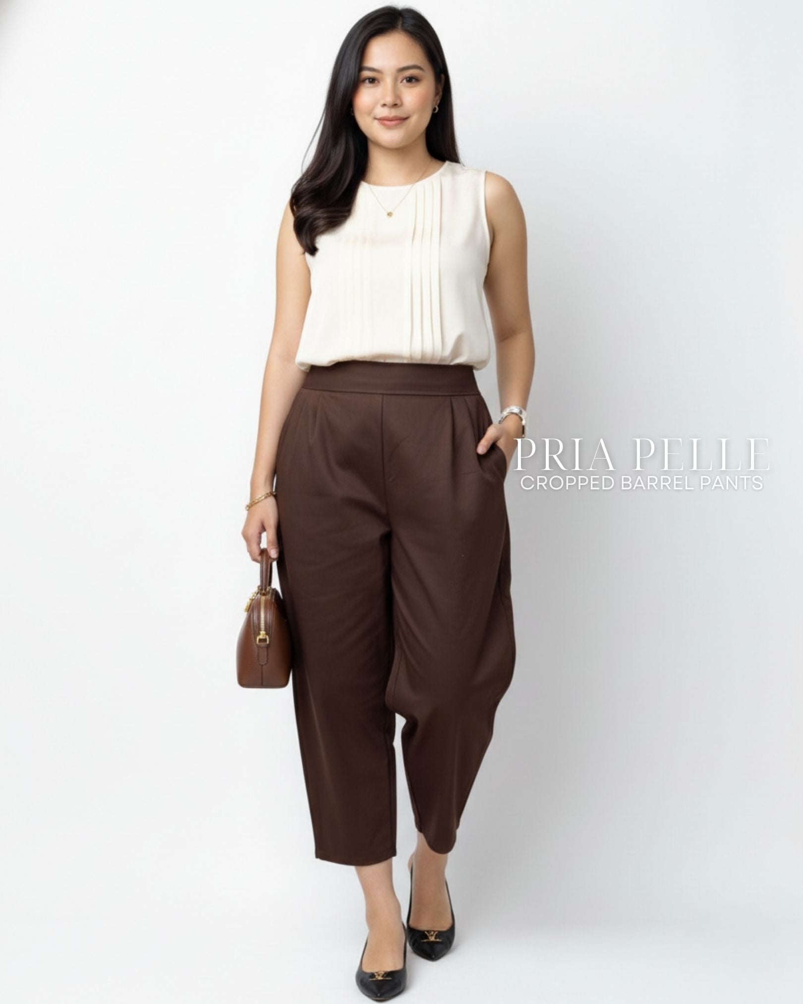 Pria Pelle Cropped Barrel Pants | Back Garter - Cotton Twill Chocolate Brown