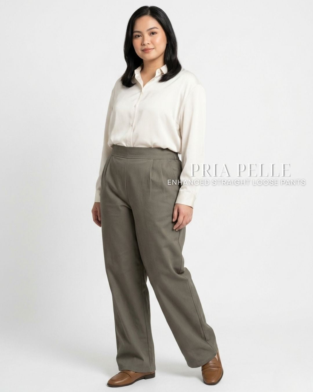 Pria Pelle Straight Loose Pleated Pants | Back Garter - Cotton Twill Dark Gray Olive | Non Stretch