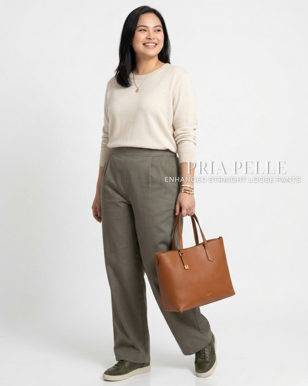 Pria Pelle Straight Loose Pleated Pants | Back Garter - Cotton Twill Dark Gray Olive | Non Stretch