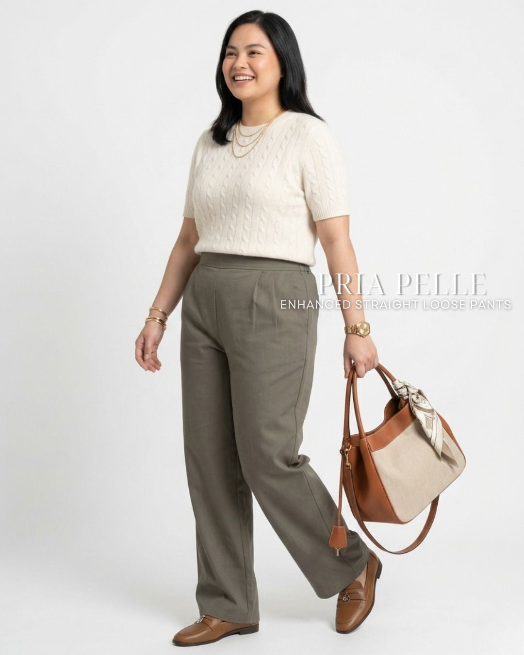 Pria Pelle Straight Loose Pleated Pants | Back Garter - Cotton Twill Dark Gray Olive | Non Stretch