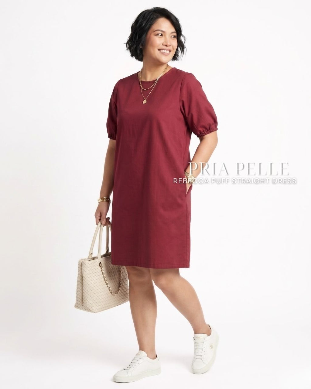 Pria Pelle Rebecca Puff Straight Dress | Cotton Blend Light Maroon - Non Stretch