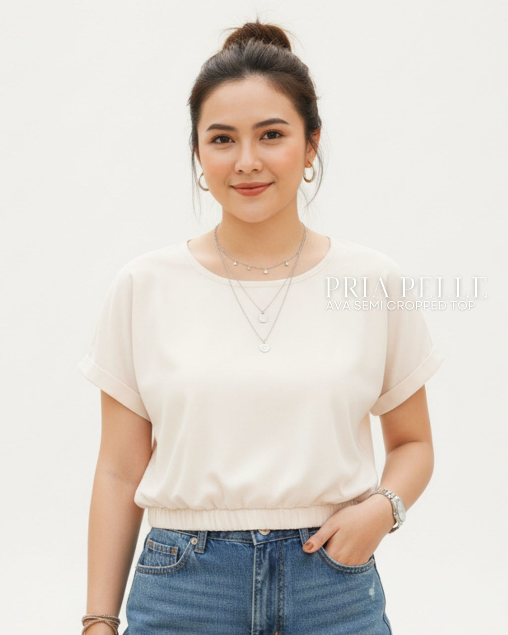 Pria Pelle Ava Semi Cropped Top - Cotton Blend Cream Beige