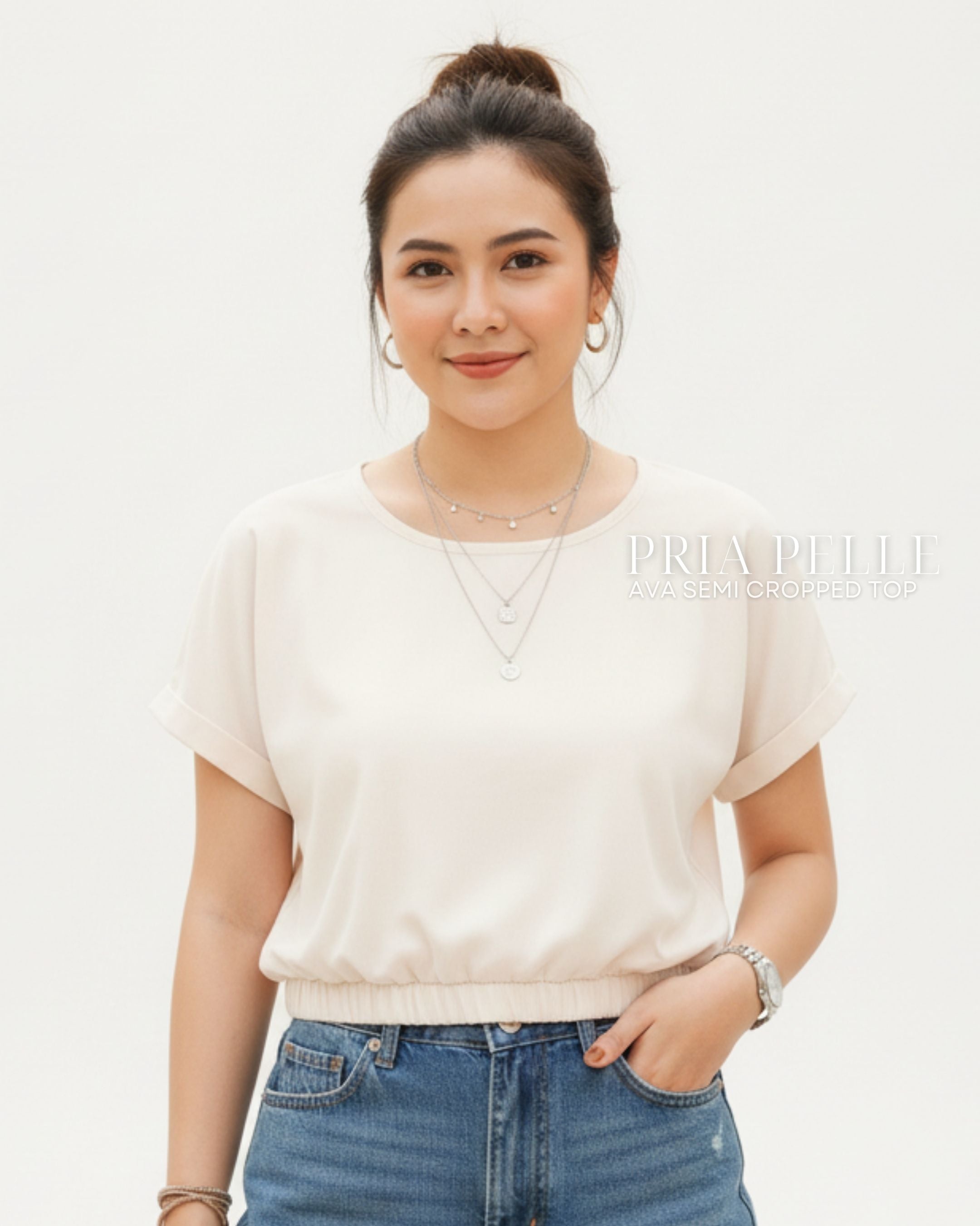 Pria Pelle Ava Semi Cropped Top - Cotton Blend Cream Beige