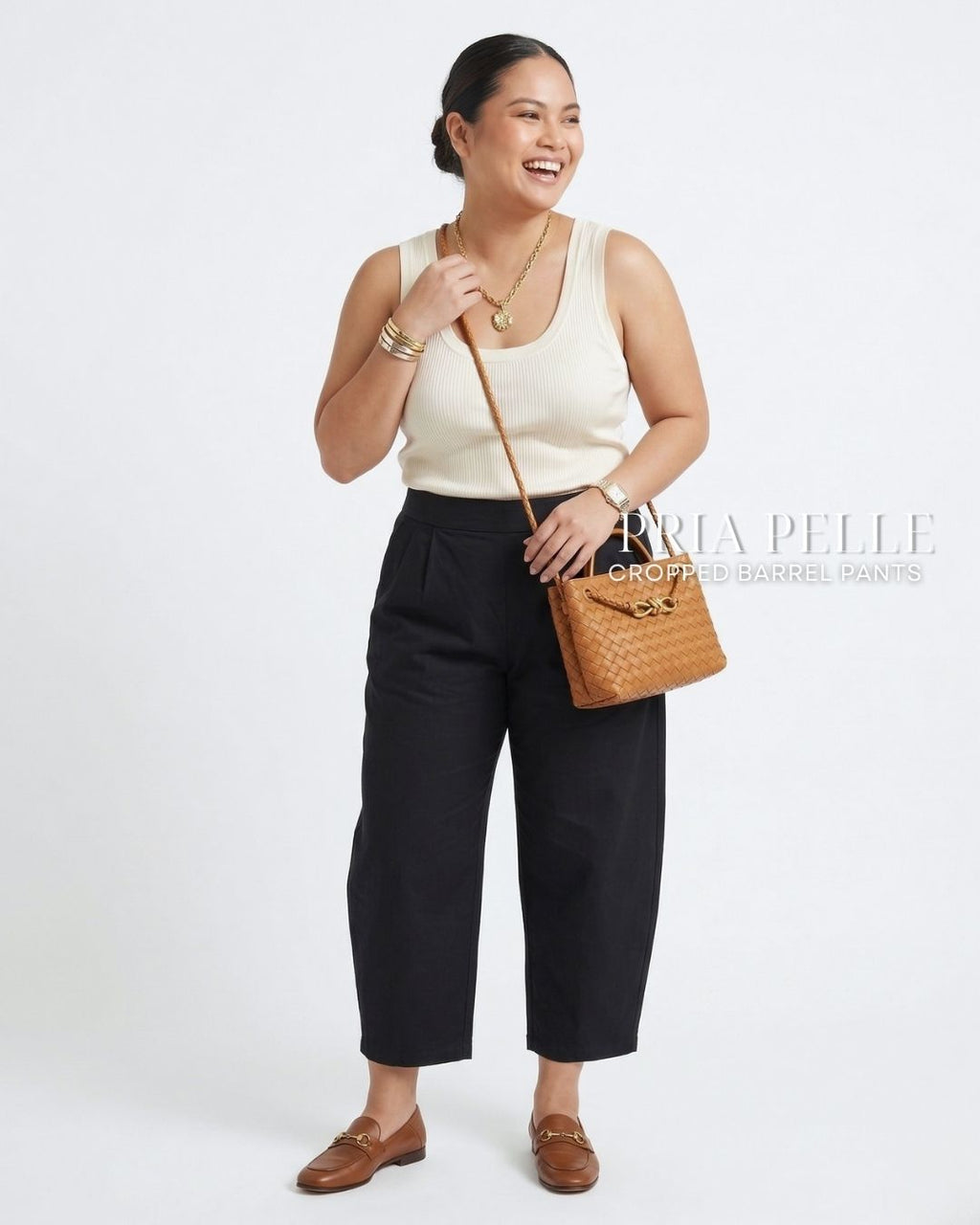 Pria Pelle Cropped Barrel Pants | Back Garter - Cotton Twill Black | Non Stretch