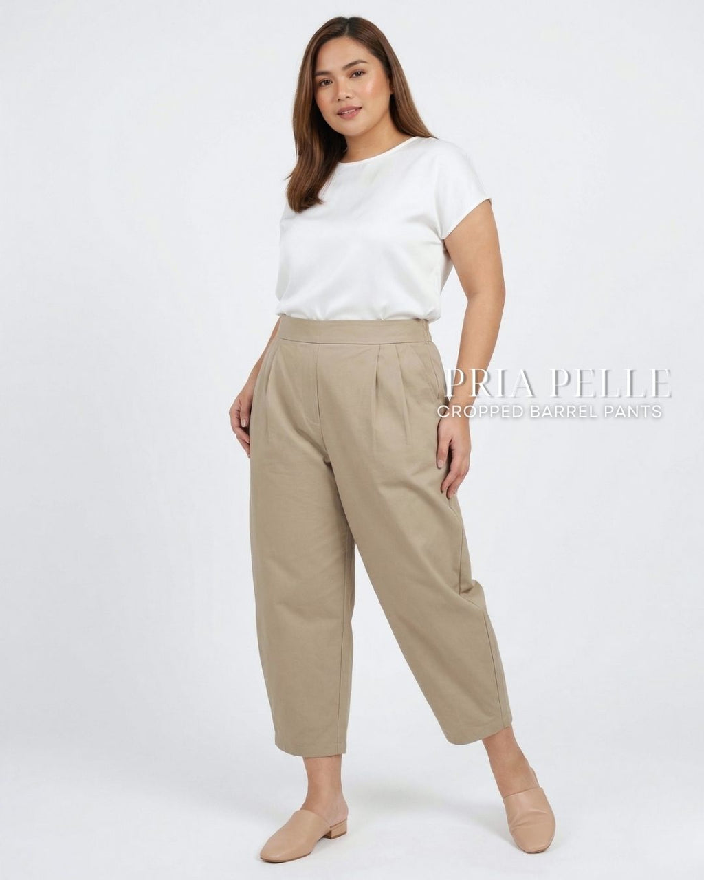 Pria Pelle Cropped Barrel Pants | Back Garter - Cotton Twill Light Khaki | Non Stretch