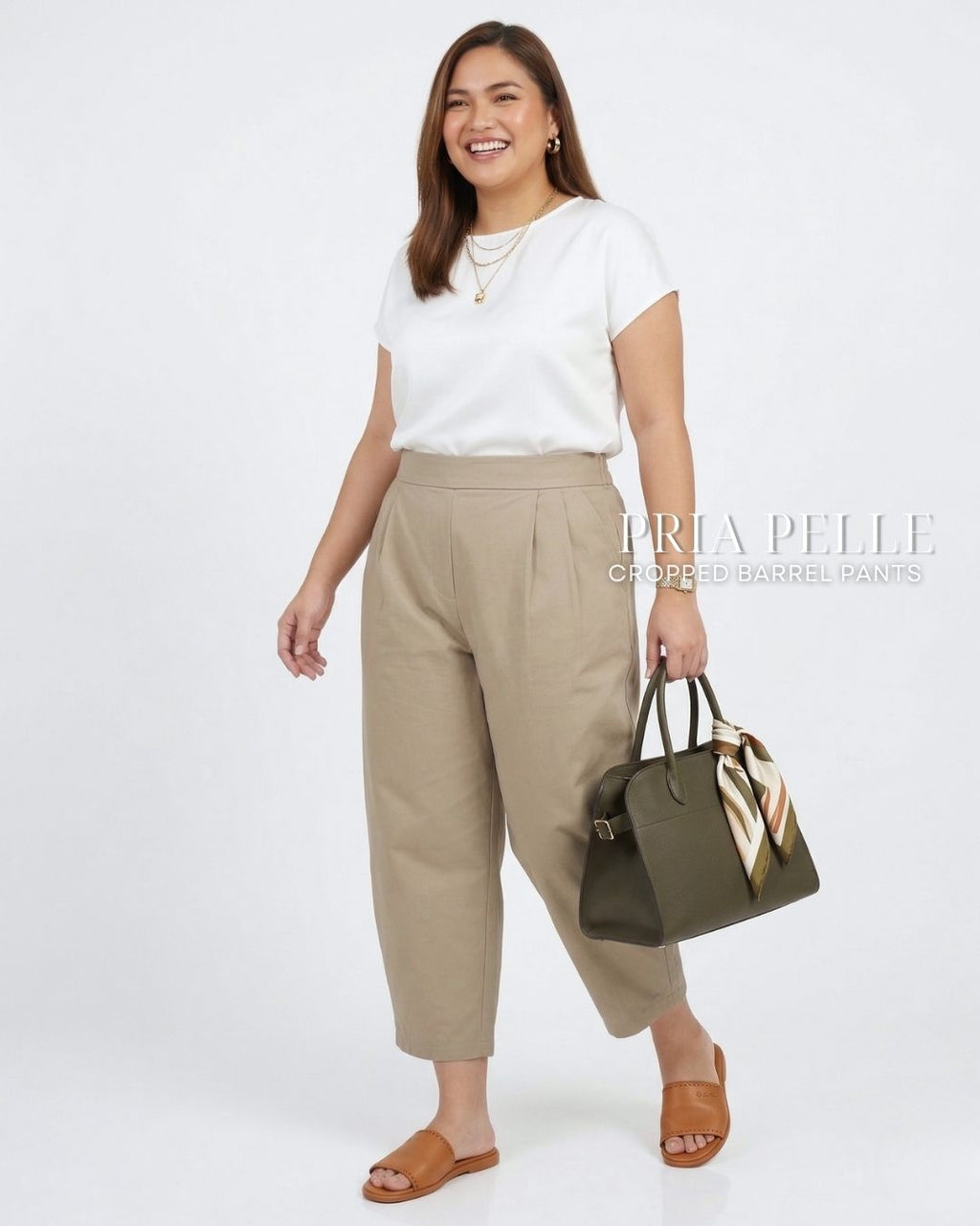 Pria Pelle Cropped Barrel Pants | Back Garter - Cotton Twill Light Khaki | Non Stretch