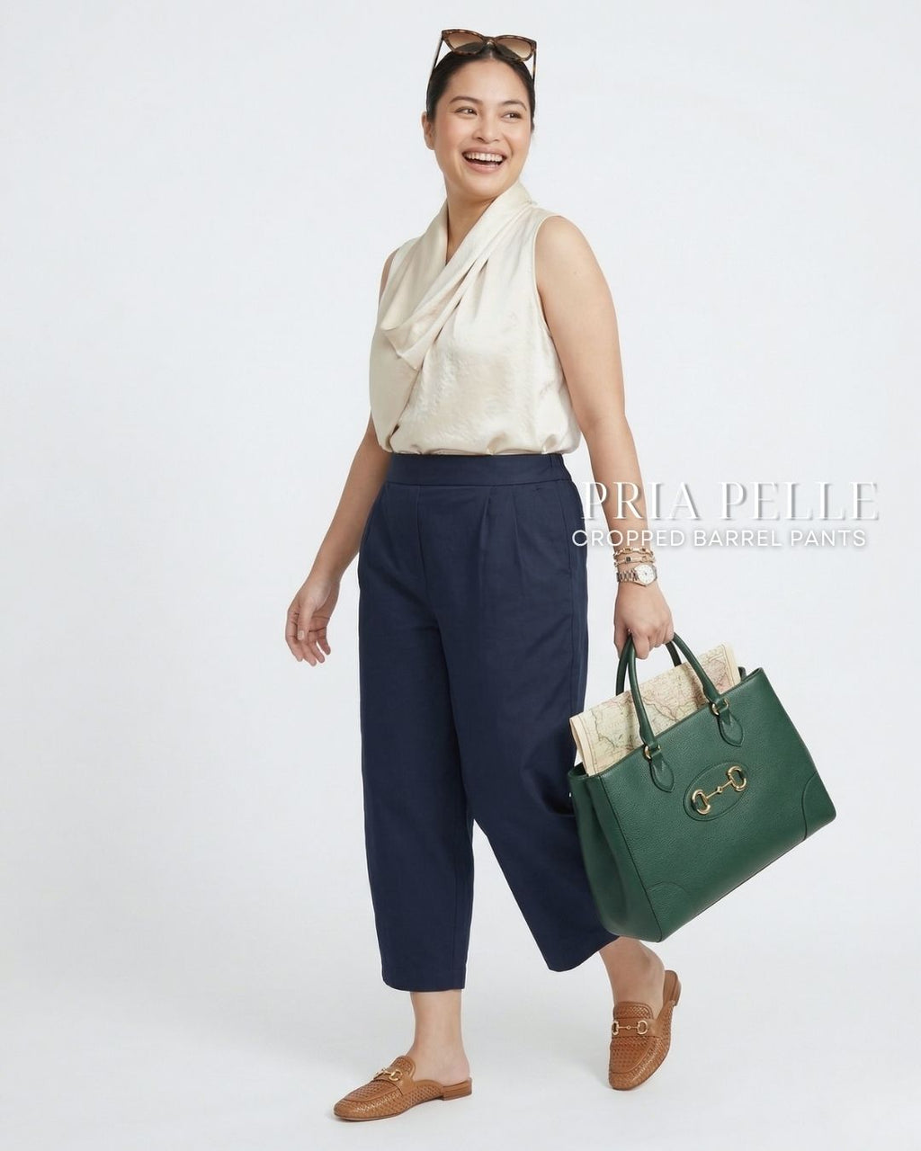Pria Pelle Cropped Barrel Pants | Back Garter - Cotton Twill Midnight Blue | Non Stretch