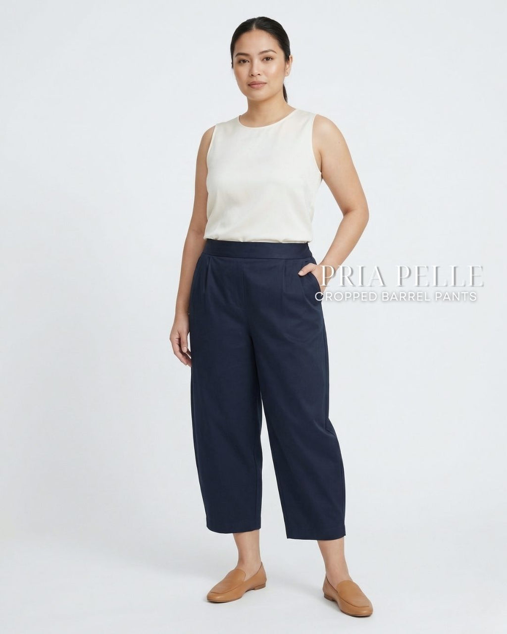 Pria Pelle Cropped Barrel Pants | Back Garter - Cotton Twill Midnight Blue | Non Stretch