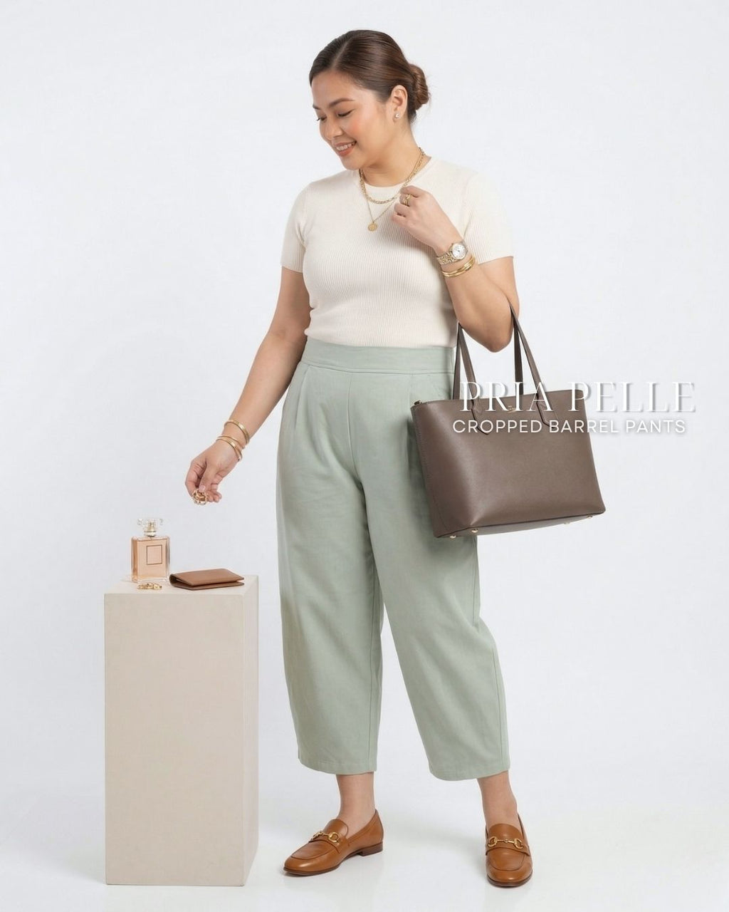 Pria Pelle Cropped Barrel Pants | Back Garter - Cotton Twill Pistachio | Non Stretch