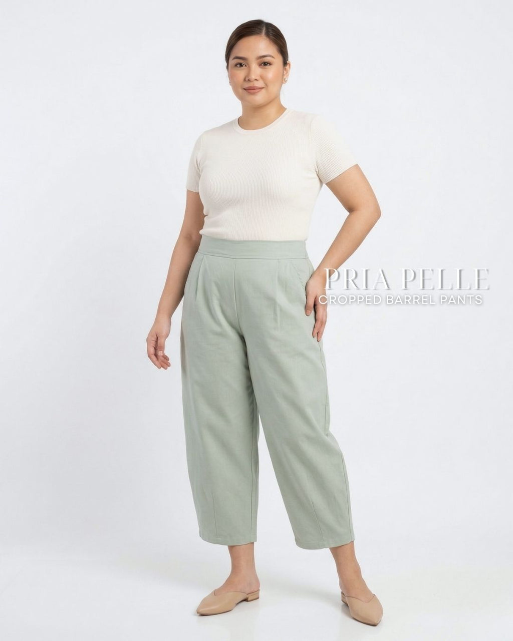 Pria Pelle Cropped Barrel Pants | Back Garter - Cotton Twill Pistachio | Non Stretch