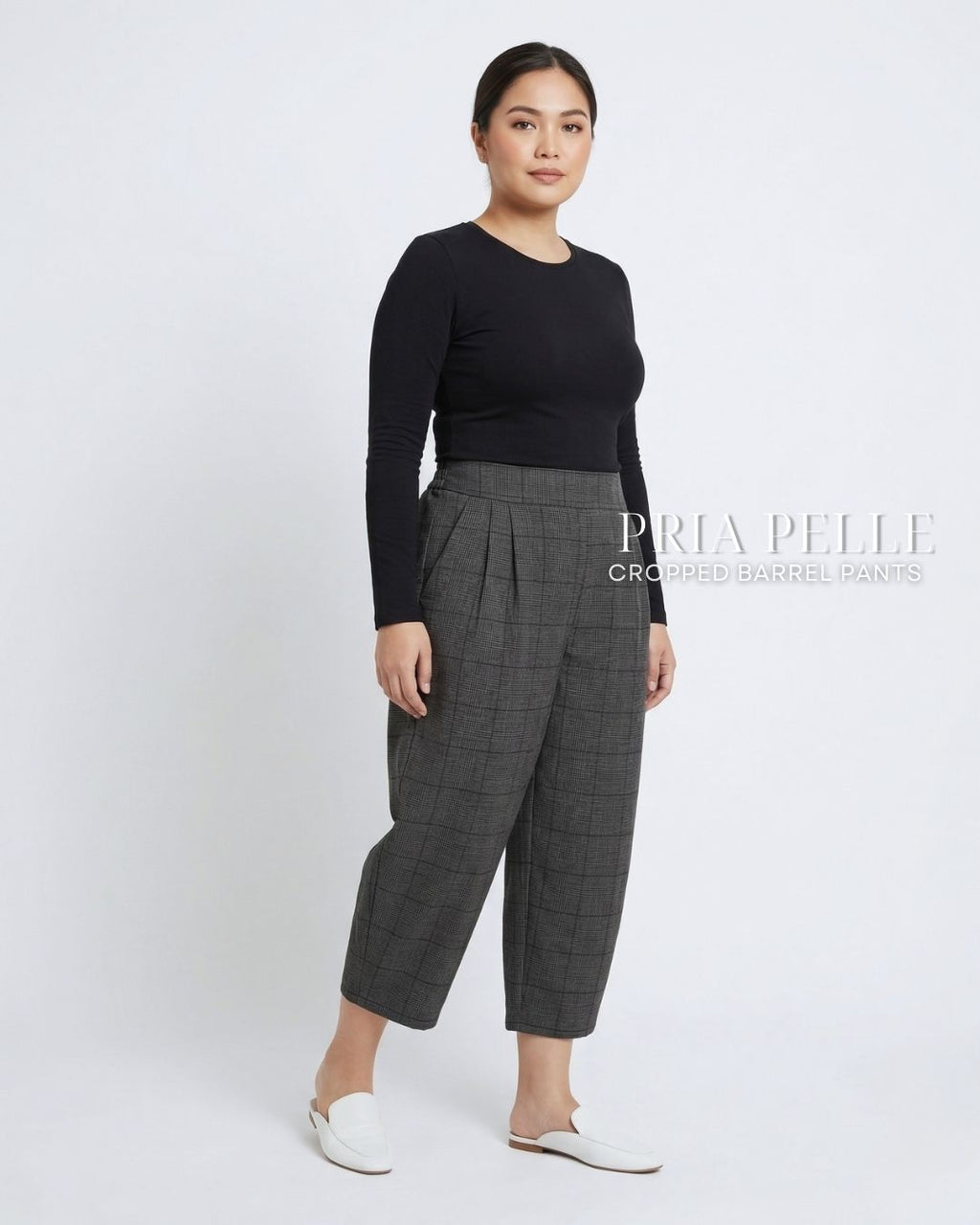 Pria Pelle Cropped Barrel Pants | Back Garter - Cotton Blend Tartan Charcoal Gray | Non Stretch