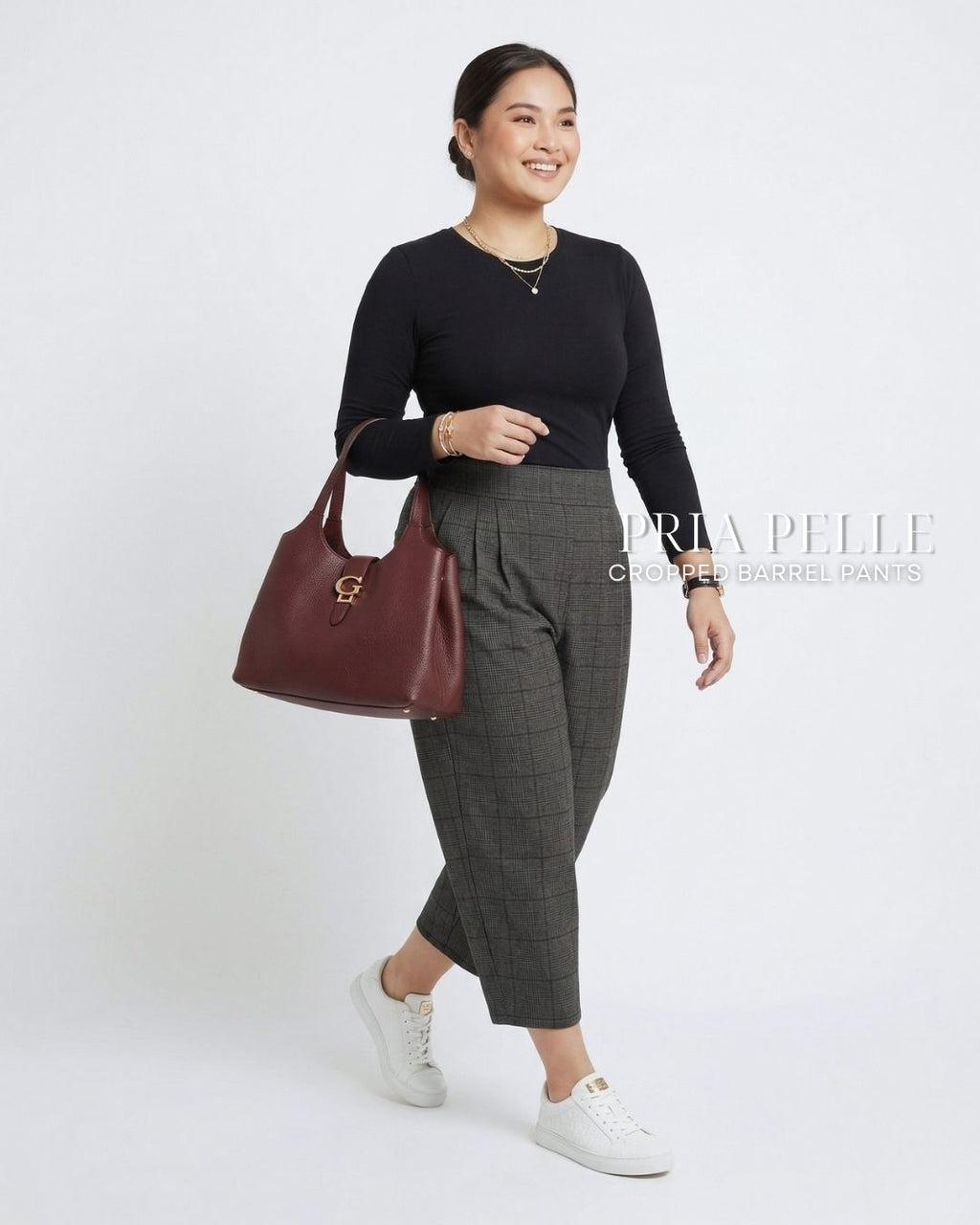 Pria Pelle Cropped Barrel Pants | Back Garter - Cotton Blend Tartan Charcoal Gray | Non Stretch