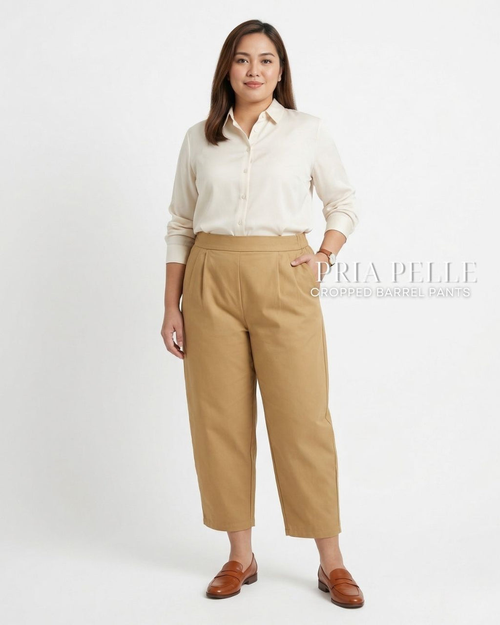 Pria Pelle Cropped Barrel Pants | Back Garter - Cotton Twill Warm Khaki | Non Stretch