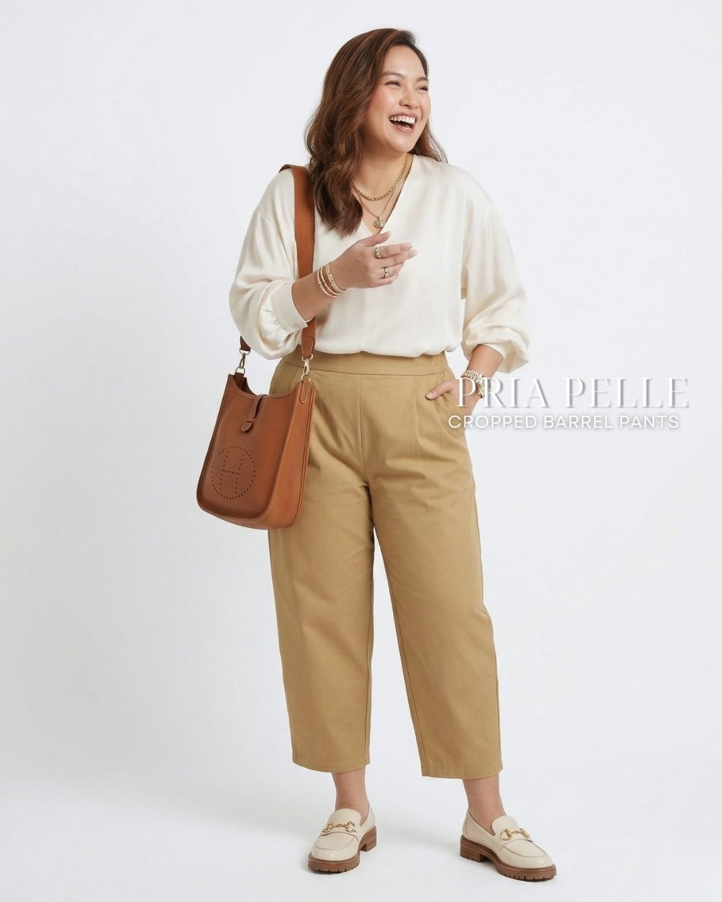 Pria Pelle Cropped Barrel Pants | Back Garter - Cotton Twill Warm Khaki | Non Stretch