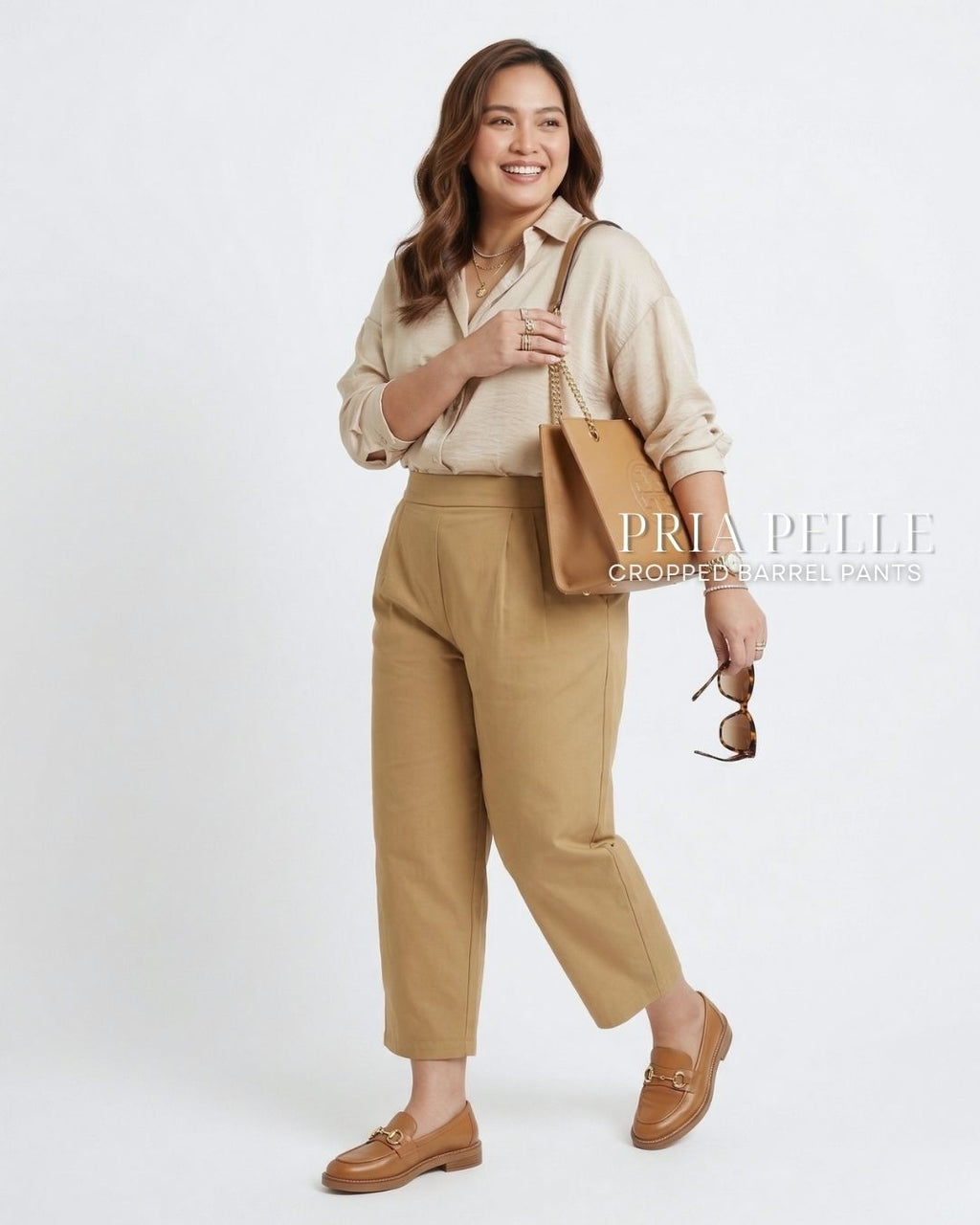 Pria Pelle Cropped Barrel Pants | Back Garter - Cotton Twill Warm Khaki | Non Stretch