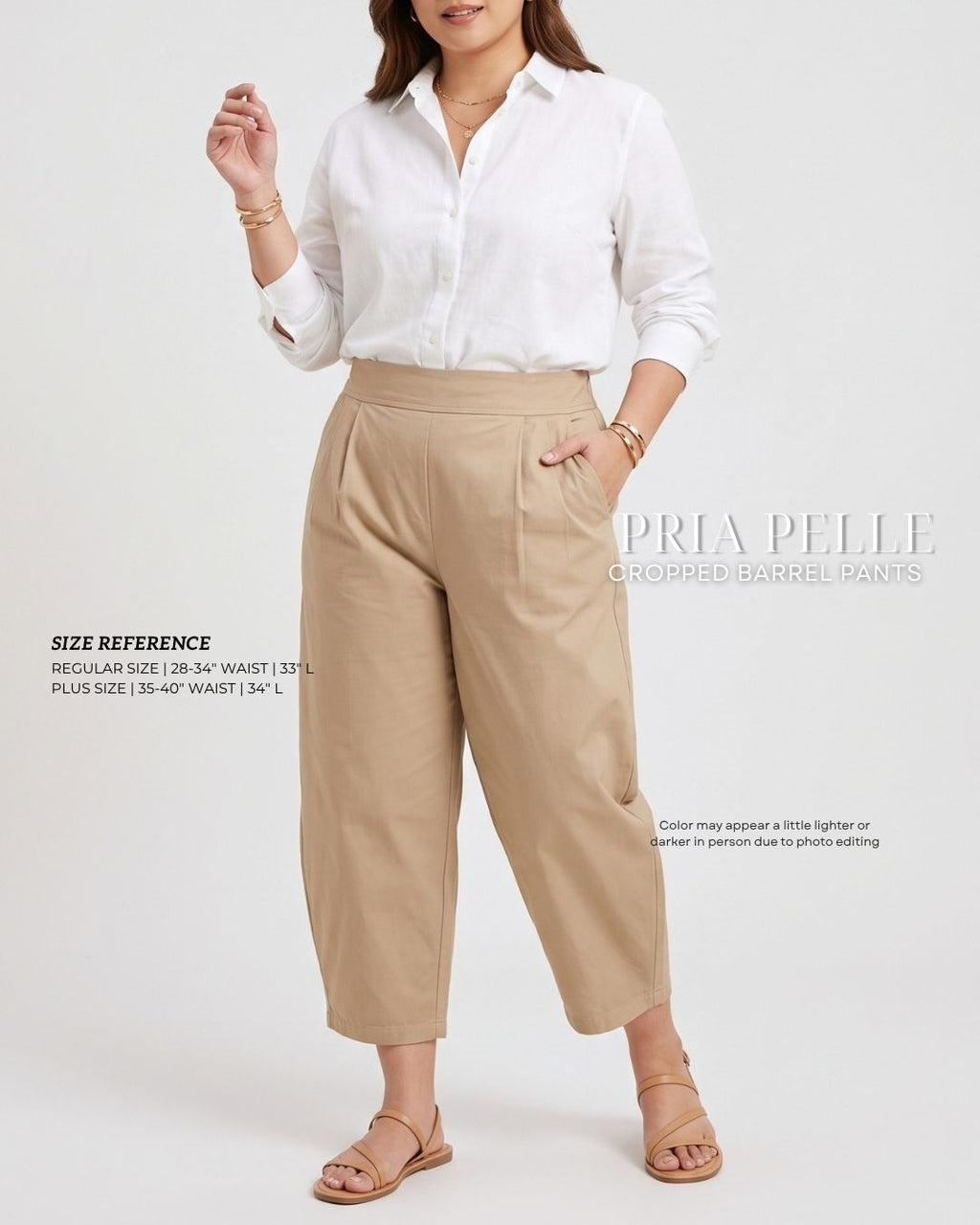 Pria Pelle Cropped Barrel Pants | Back Garter - Cotton Blend Sand Khaki | Non Stretch