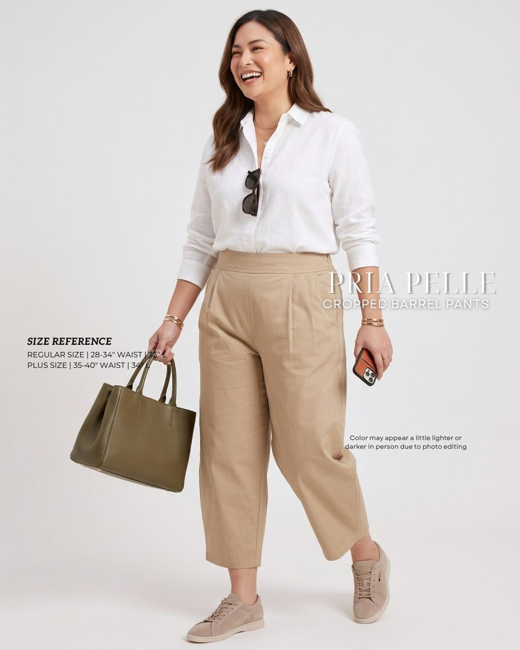 Pria Pelle Cropped Barrel Pants | Back Garter - Cotton Blend Sand Khaki | Non Stretch