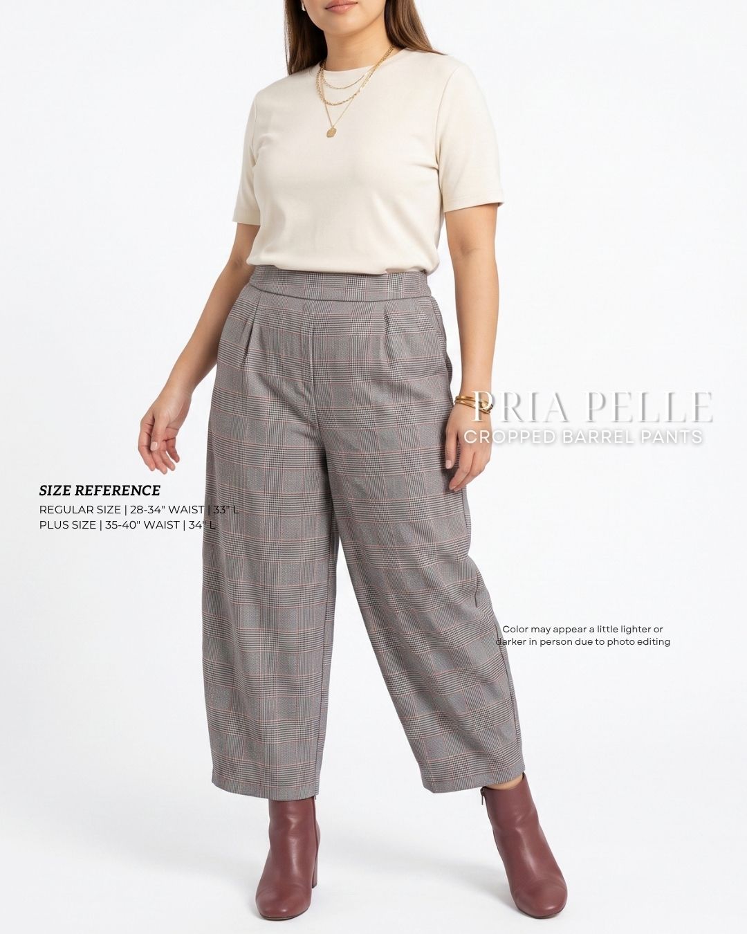 Pria Pelle Cropped Barrel Pants | Back Garter - Cotton Blend Champagne Tartan - Non Stretch