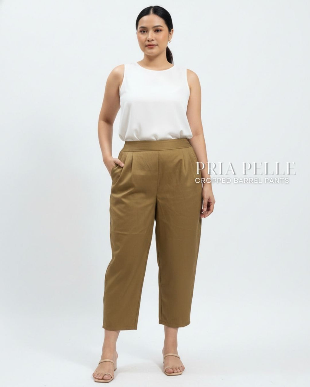 Pria Pelle Cropped Barrel Pants | Back Garter -  Cotton Twill Khaki Brown | Non Stretch