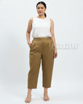 Pria Pelle Cropped Barrel Pants | Back Garter -  Cotton Twill Khaki Brown | Non Stretch